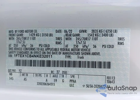 2022 Ford F-150 Xl из США, поврежденный, VIN 1FTEX1CB4NKE32011